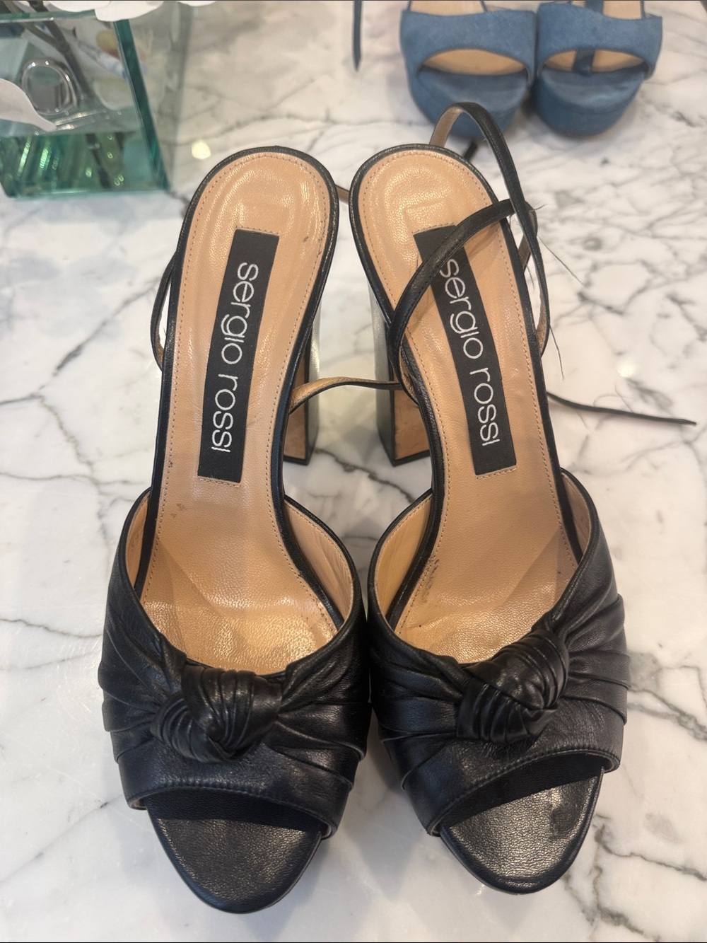 Sergio Rossi Black Leather Knot-Front Slingback Heels